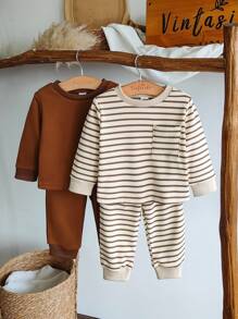 SHEIN Baby Boy 4-Piece Casual Set:Striped Crew Neck Long Sleeve Top & Loose Pants,Shades Of Brown,Autumn,Modest,Family Matching,Solid Ribbed Cuff Outfits - Multicolor - View 7