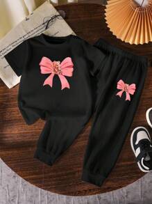 SHEIN 2pcs Toddler Girls Teddy Bear Bow Print Round Neck Short Sleeve T-Shirt And Print Pants Black Set Girls Pants And Top Bow Clothes Kids - Black - View 2