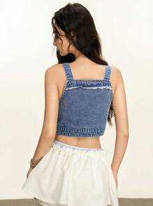 Rina Fox 女式夏季休闲毛边可调节肩带短款牛仔吊带上衣 - 藍色 - 查看 2