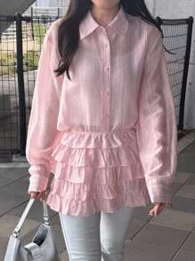 FRIFUL 2pcs Women Solid Color Sweet Casual Back To School Outfit, Layered Shirt And Skirt Set, Autumn