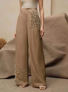 Anewsta Elegant Women Press Crease Faux Pearl Decor Pocket Long Pants, Modern & Fashion - Khaki - View 6