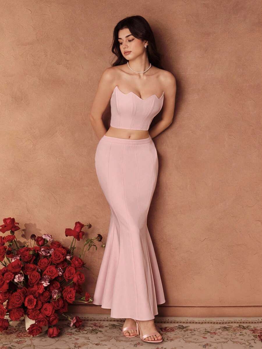 SHEIN Unity Rosa elegantes romantisches figurbetontes Kleid mit asymmetrischem Ausschnitt und Fischschwanz-Rock, geeignet für Dates, formelle Anlässe, Hochzeitsgast-Rock - Pink - Übersicht 1