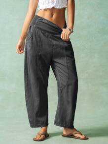 Bohemela 女式休闲简约纯色百搭梭织锥形裤 - 黑色 - 查看 5