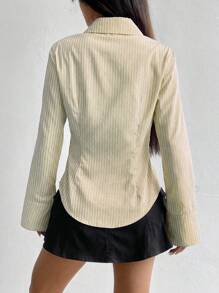 Flirla Áo sơ mi sọc dài tay ôm vừa vặn đơn giản cho nữ - Màu be - Xem 2