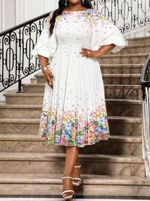 SHEIN Lady Vestidos de talla grande con cuello de pico, manga abullonada y plisada, de longitud midi y tres cuartos, de punto colorido y elegante para la oficina y uso diario, apropiados para primavera y verano