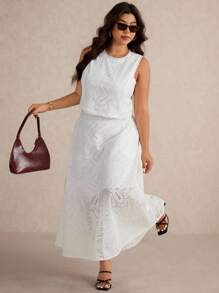 Elaquor Bộ 2 món áo không tay thêu khoét hở dành cho kỳ nghỉ hè cỡ lớn - trắng - Xem 2