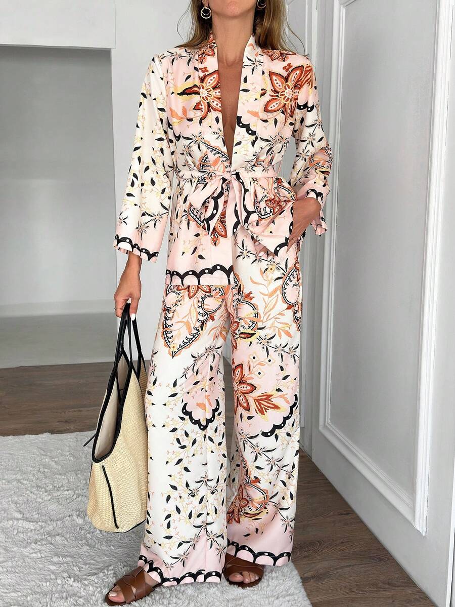 Women, Two Set, Suit, Kimono, Pant, All Over Print, Comfortable, Boho Long Slevee, - Multicolor - View 1
