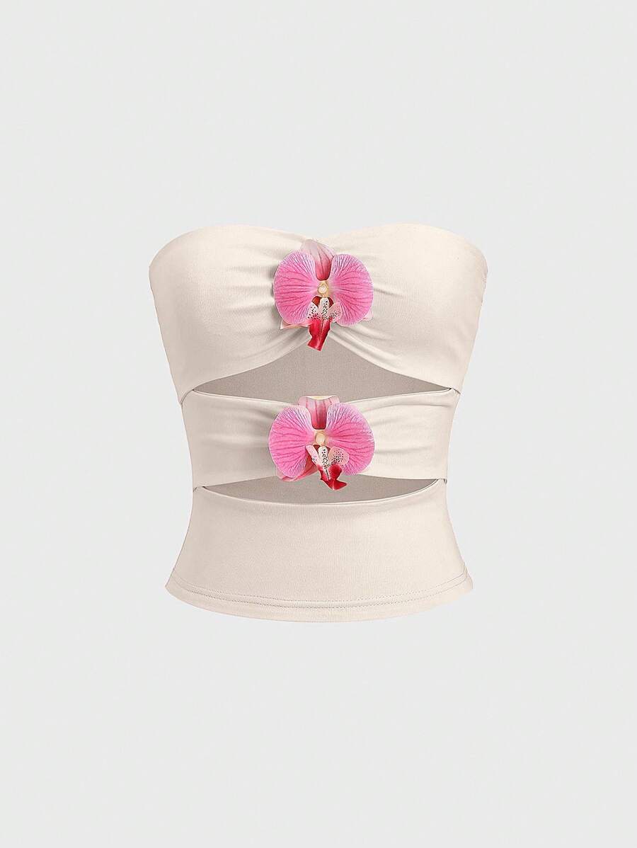 Sweetra New Y2K Floral Design Ruched Waist Slim Fit Tube Top For Women - Apricot - View 1