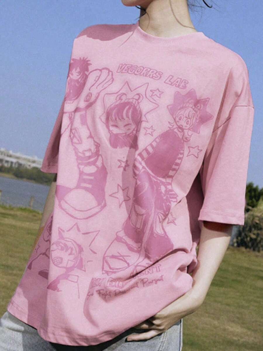 SHEIN 女式动漫人物与字母印花宽松休闲圆领短袖 T 恤，夏季图案 T 恤女式上衣 - 粉色 - 查看 1