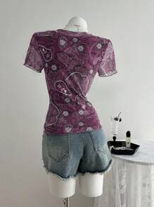 Elamini Damen Lässig Paisley Muster Kurzarm T-Shirt, Sommer - Heißes Pink - Übersicht 2