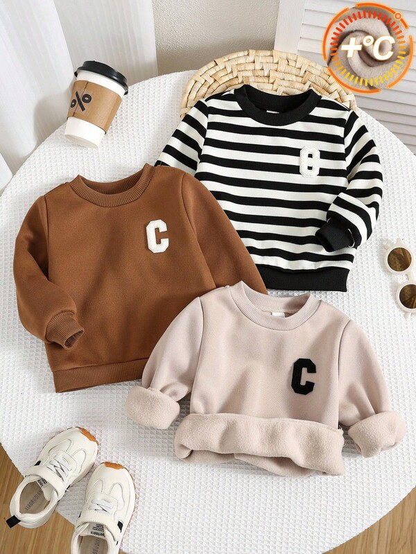 SHEIN 3pcs/Set Unisex Baby Casual Striped Letter Embroidery Crew Neck Sweatshirts, Suitable For Autumn/Winter, Baby Clothes, Kindergarten Fall