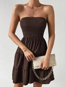 Chiquease Women's Minimalist Solid Color Ruffled Hem Tube Dress, Summer - Brown - View 7