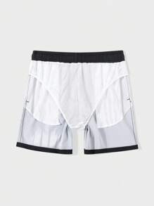 Manfinity Swimmode Men's Palm Tree Print Drawstring Waist Pocket Beach Shorts, Suitable For Summer Men Black Swim Trunks Black Swim Shorts With Palm Trees - Black - View 5