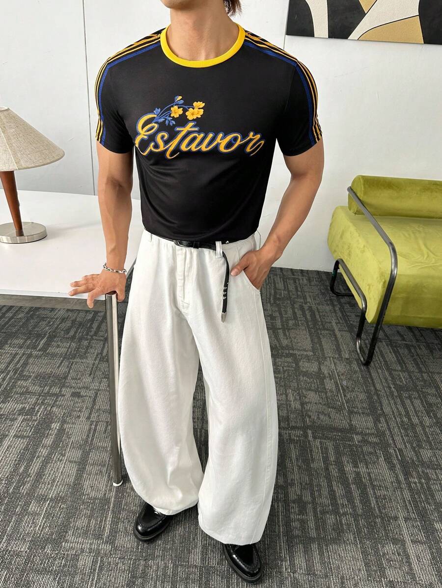 Manfinity VCAY 男士街头风图形字母印花圆领T恤，适合夏季 - 黑色 - 查看 1