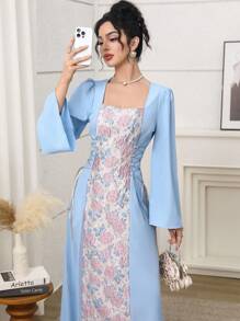 Yasmyna 女式阿拉伯风格提花腰带连衣裙 - 藍色 - 查看 3