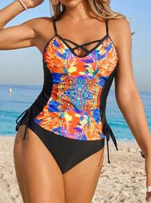 Swim Lushoire 2pcs/Set Summer Colorful Printed Strap Side Drawstring Tie-Up Crop Top And High Waist Shorts Tankinis Swimwear For Beach - Multicolor - View 8