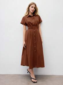 BizChic Vestido de largo medio, cuello de camisa, apertura frontal, botones de un solo pecho, cinturón de cintura ajustable de la misma tela, manga corta, elegante minimalista casual, vacaciones, fiesta, cita, invitada a boda, Día de la Independencia, temporada de graduación, festival de música, estilizante, versátil, de alta gama, reunión social de verano, salida - Café integral - Ver 3