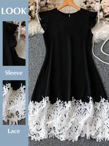 DreamSkyne Plus Size Women Lace Color Block Casual Dress - Black and White - View 1