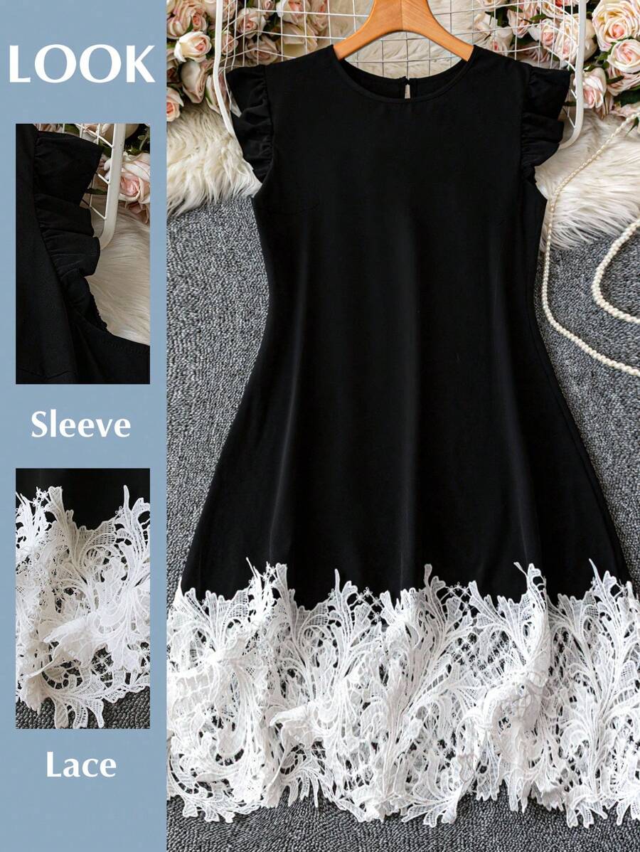 DreamSkyne Plus Size Women Lace Color Block Casual Dress - Black and White - View 1