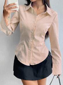 Flirla 休闲通勤条纹修身长袖衬衫 - 橘色 - 查看 6