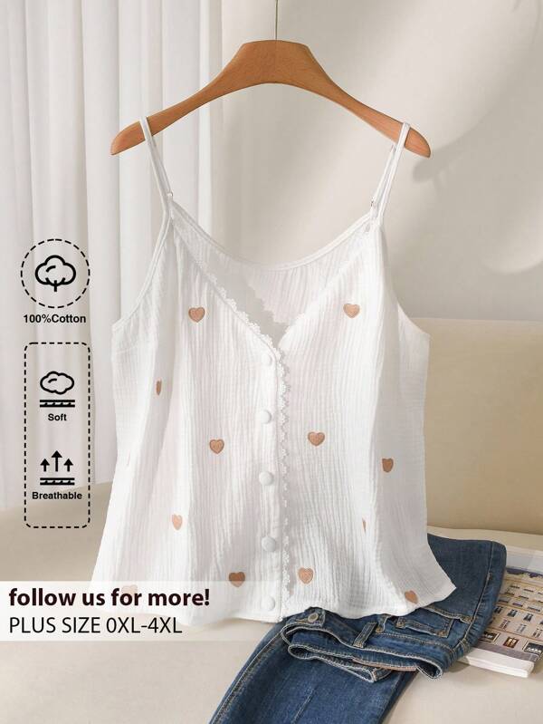 CosyJoli Plus Size Women Heart Embroidery Lace Trim Camisole Top, Summer Casual