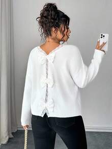 Elenzga 1pc Women Plus Size V-Neck Bow Lace Patchwork Pearl Long Sleeve Cute Elegant Knitted Sweater Pullover, Suitable For Spring/Autumn Winter Fall - White - View 1