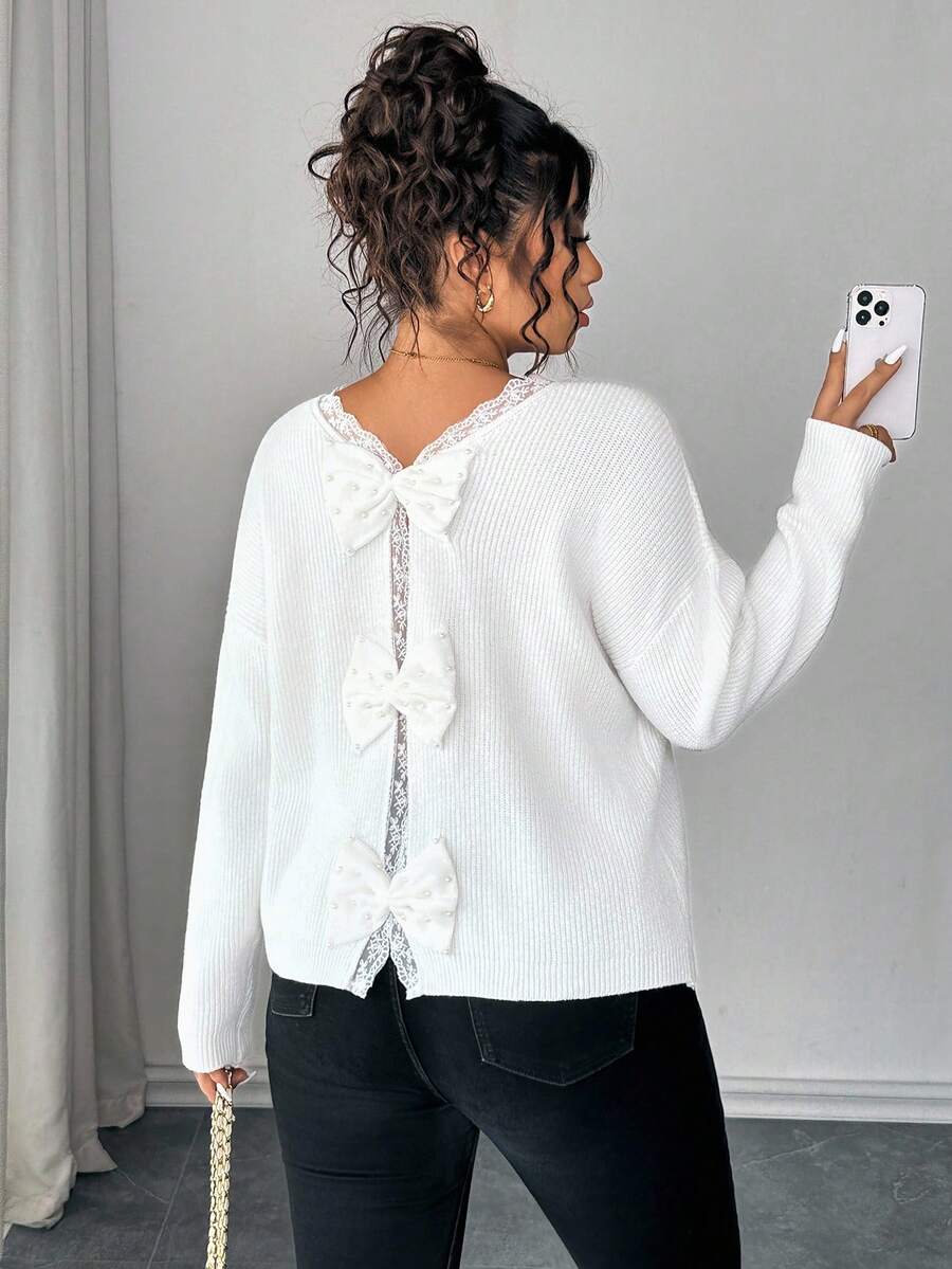 Elenzga 1pc Women Plus Size V-Neck Bow Lace Patchwork Pearl Long Sleeve Cute Elegant Knitted Sweater Pullover, Suitable For Spring/Autumn Winter Fall - White - View 1
