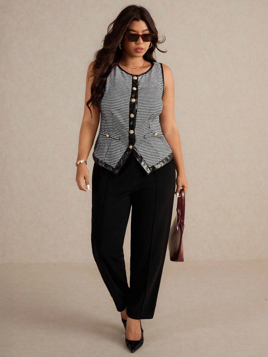 Elaquor 大码女式优雅简约都市商务休闲无袖夹克，适合春秋季 - 黑與白 - 查看 1