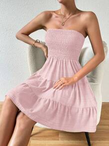 Chiquease Women's Summer Beach Vacation Minimalist Solid Color Textured Fabric Tiered Hem Strapless Short Dress