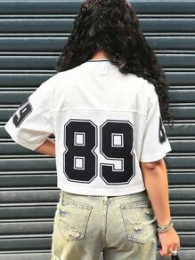 Sparklyn Tween 女童街头时尚运动队球衣号码拼接 V 领短款宽松短袖 T 恤，适合假日、夏季、旅行 - 白色 - 查看 2