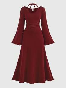 SHEIN Serisse Kids Đầm dài tay cạp trễ màu trơn thời trang thường ngày thanh lịch cho bé gái tuổi teen - Màu Đỏ Sâu - Xem 4