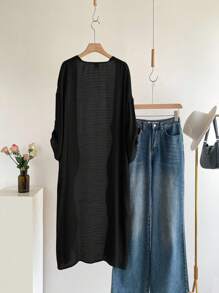 SHEIN Tall CURVE 大尺碼女款秋冬辦公室婚禮度假晚餐外出長款開襟大衣，黑色秋季商務休閒寬鬆優雅 - 黑色 - 查看 7