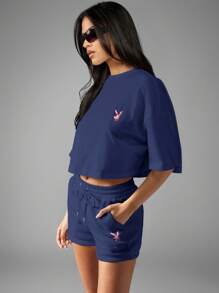 Missguided x Playboy 抽绳泡泡字母图案高腰休闲慢跑短裤节日春夏运动休闲街头风女士短裤 - 藏蓝色 - 查看 5
