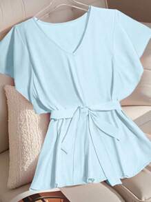 Franclia Blusa de unicolor con volantes elegante para ir a la universidad - Celeste - Ver 3