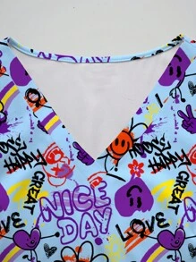 PopScrub Plus Size Women V-Neck Short Sleeve Double Pocket Hang Ear Design Cute Cartoon Graffiti Simple Prosperity Print Nurse Uniform Top/Doctor Work Wear Top/Examination & Surgery Uniform Top/ Solid Color Pet Grooming Work Wear Top/ Nutritionist Work Wear Short Sleeve Top/ Lab Work Wear Top, Multi-Pocket Functional Work Wear Top