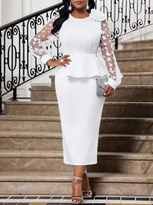 SHEIN Lady Spring And Summer Autumn And Winter Elegant Party Wedding Cocktail Party Concert/Music Festival White Knitted Embroidery Round Neck Bishop Sleeve 3D Rose Contrast Mesh Midi Long Sleeve Plus Size Co-Ords Summer Outfits For Women Birthday Outfits For Women Women Summer Clothes Concert Outfit Women Party Dresses For Women Summer Clothes Women Cruise Women Outfits Fall Women Clothes White Set Concert Outfits Festival Outfits