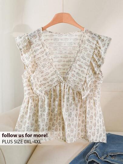 CosyJoli Plus Size Summer Casual Minimalist Vacation Floral Print V-Neck Ruffle Patchwork Women Blouse,Going Out Tops Women,Slightly Sheer