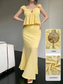Modelyn Yellow Hollow-Out Metal Buckle Short Sleeve Cropped Blouse Top For Women - Yellow - View 5