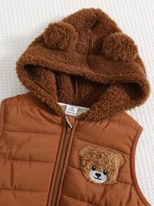 SHEIN 3pcs/Set Baby Boy/Girl Casual Cute Khaki Fleece Jacket Vest Outerwear, Khaki & Brown Striped Sweatshirt And Pants Set, Unisex Baby Clothes, Baby Winter Clothes, Halloween Costume Fall
