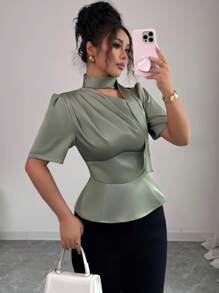 Selianne Women's Sage Green Elegant Summer Satin Blouse,Brunch Afternoon Tea Party Office Shoulder Cutout Gathered Waist A-Line Ruffle Puff Sleeve Shirt Top - Green - View 5