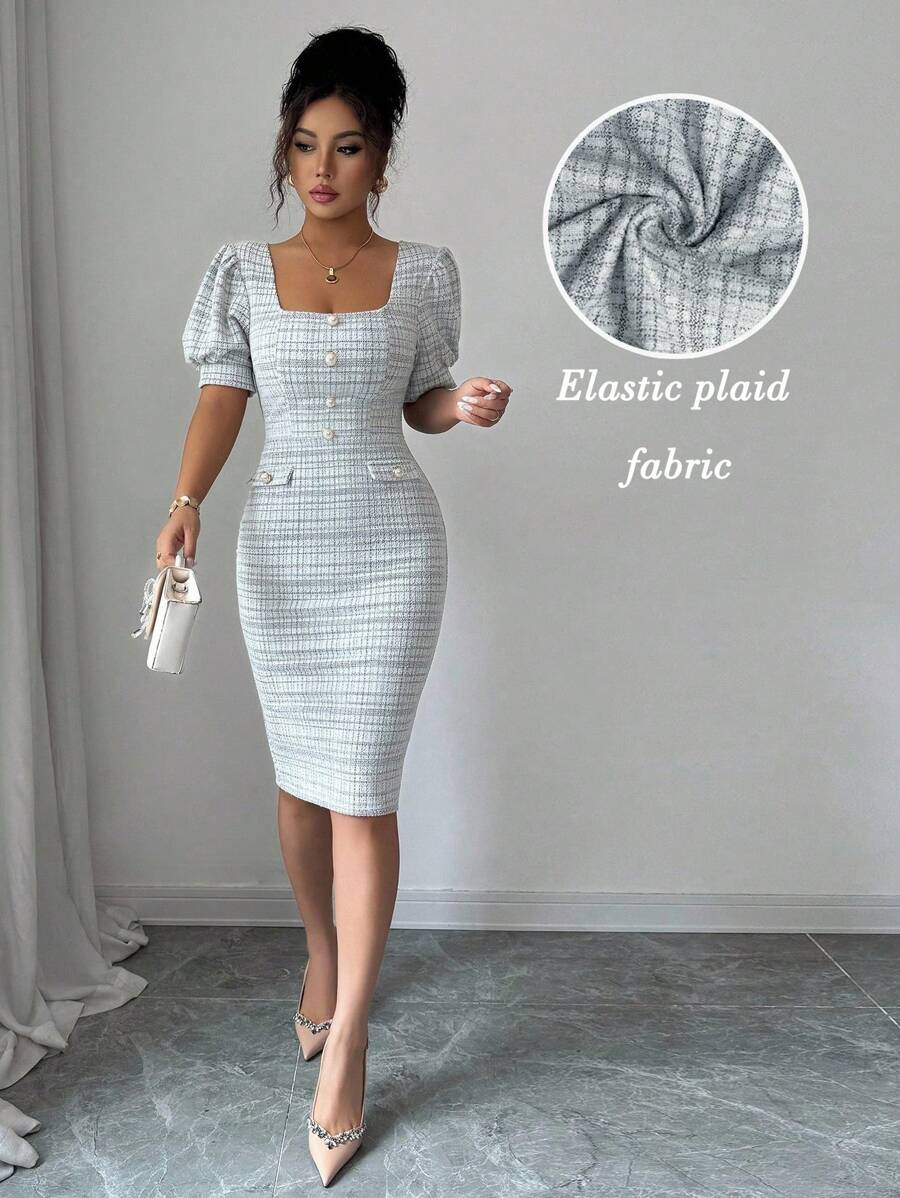 Selianne Đầm ôm body xẻ lưng họa tiết kẻ caro cổ vuông tay bồng - màu đen - Xem 1