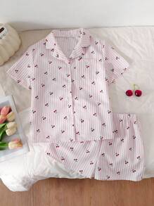Conjunto de 2 piezas de top de manga corta con estampado de cereza y rayas, y shorts para niña preadolescente, moda de regreso a la escuela - Rosa - Ver 1
