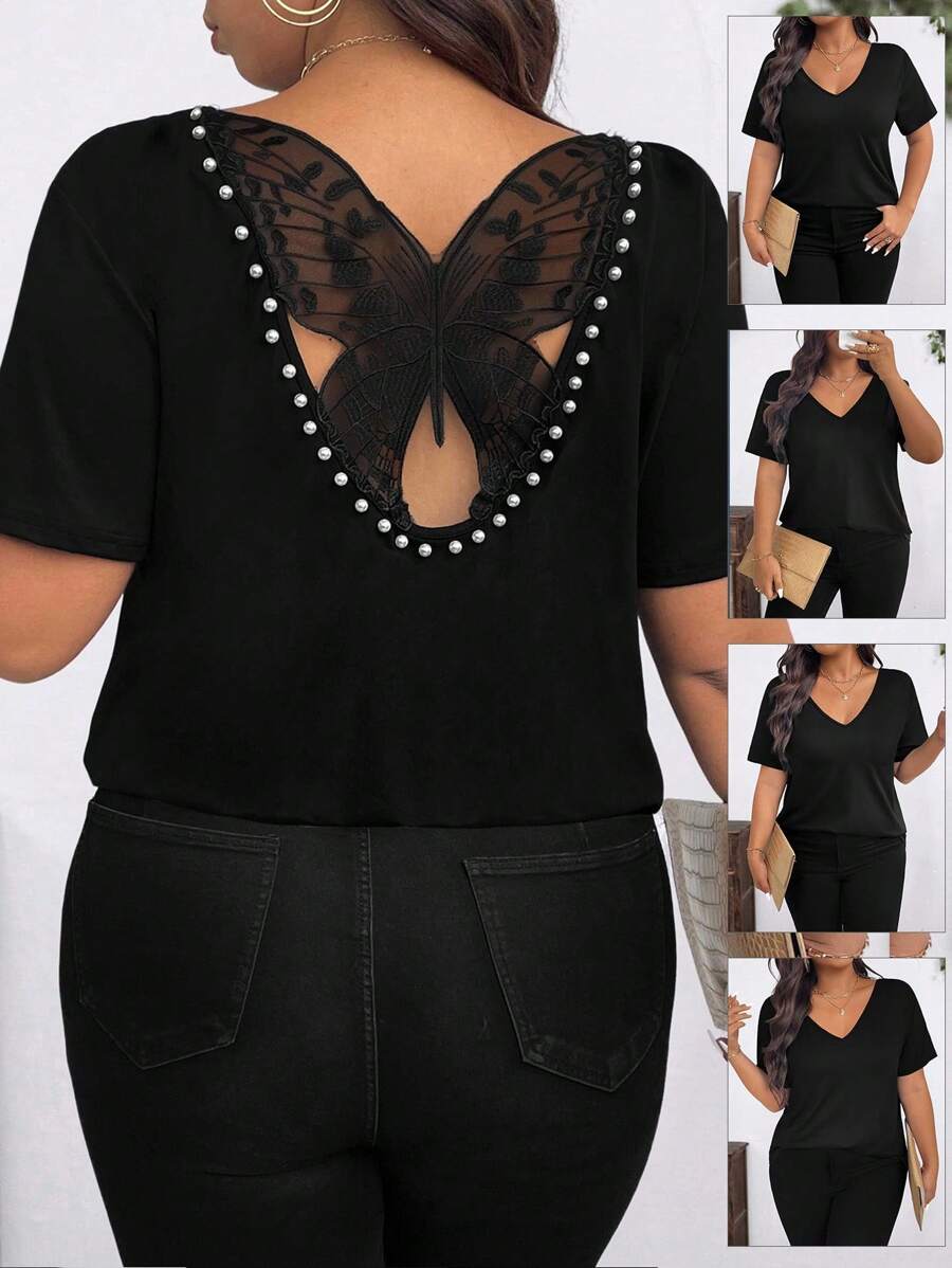 SHEIN Clasi Camiseta de mujer de tallas grandes casual y elegante con mariposa, detalles de cuentas y recorte en la espalda - Negro - Ver 1