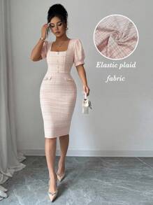 Elenzga Plaid Pattern Square Neck Puff Sleeve Split Back Bodycon Dress - Orange - View 7