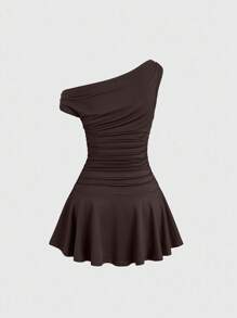Vestido corto elegante de unicolor con cuello asimétrico para ir a trabajar - Cafetería - Ver 2