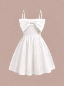 青少年女孩纯色优雅吊带背心连衣裙 - 白色 - 查看 2