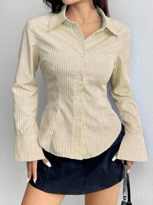 Flirla Áo sơ mi sọc dài tay ôm vừa vặn đơn giản cho nữ - Màu be - Xem 6