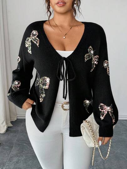 Elenzga Plus Size Women Solid Color Knitted V-Neck Bow Beaded Embroidered Lace-Up Long Sleeve Casual Cardigan, Autumn/Winter Fall Cloth For Women