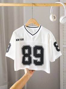 Sparklyn Tween 女童街头时尚运动队球衣号码拼接 V 领短款宽松短袖 T 恤，适合假日、夏季、旅行 - 白色 - 查看 4