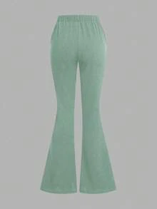 2pcs/Set Elegant Casual Striped Woven Patchwork Blouse Top And Black Slim Flare Pants Outfit, Suitable For Spring/Autumn, Teenage Girls - Mint Green - View 8
